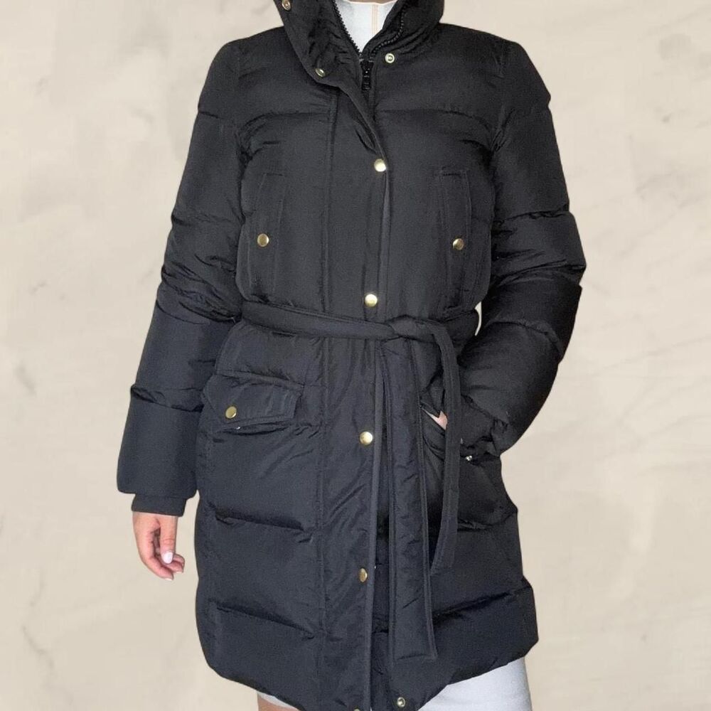 j crew black down puffer winter button jacket size XS wintress belted puffer